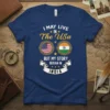 T-shirt with "I May Live In The USA But My Story Began In India" text and US and Indian flags