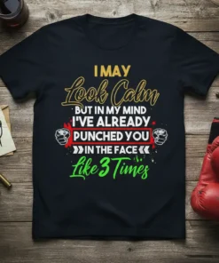 Black t-shirt with yellow and green text saying "I May Look Calm But In My Mind I've Already Punched You
