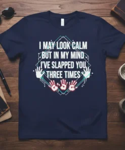 Navy t-shirt with white text: "I May Look Calm But In My Mind I've Slapped You Three Times" and red
