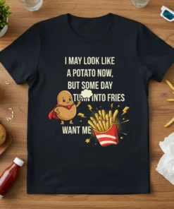 I May Look Like a Potato Now, But Some Day Turn Into Fries Want Me quote on a black t-shirt