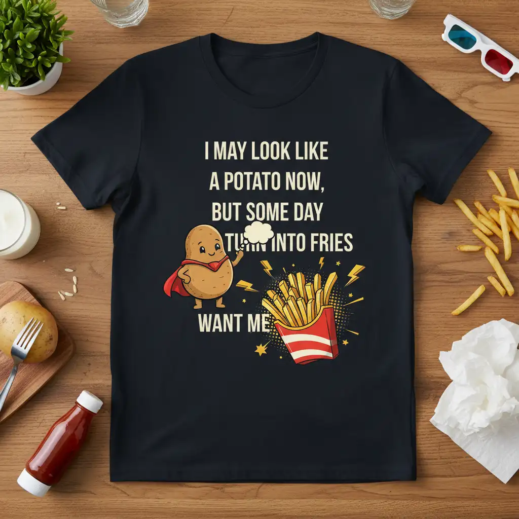 I May Look Like a Potato Now, But Some Day Turn Into Fries Want Me quote on t-shirt with cute potato and