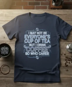 I May Not Be Everyone's Cup of Tea But I Drink Coffee So Who Cares quote on a dark blue