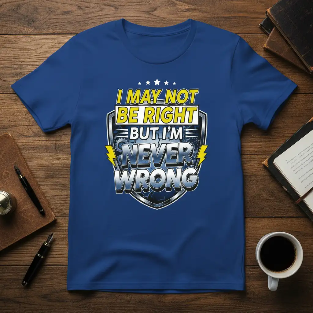 I May Not Be Right But I'm Never Wrong quote with shield graphic on a blue tee