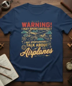 Navy t-shirt with "Warning! I May Spontaneously Talk About Airplanes" text and vintage airplane graphic