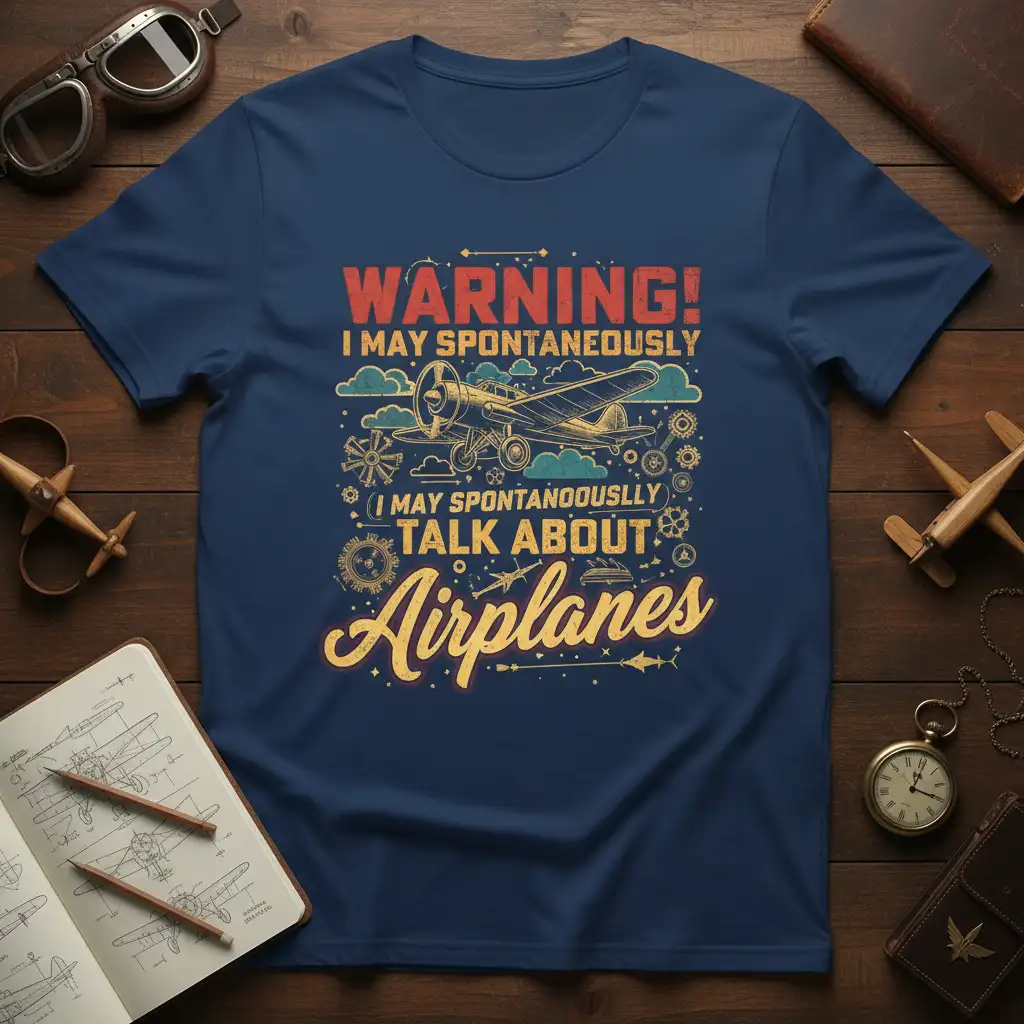 Warning! I May Spontaneously Talk About Airplanes quote on navy tee with vintage airplane graphic