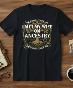 T-shirt with the text "I Met My Wife On Ancestry" above a tree of life graphic, featuring a magnifying glass