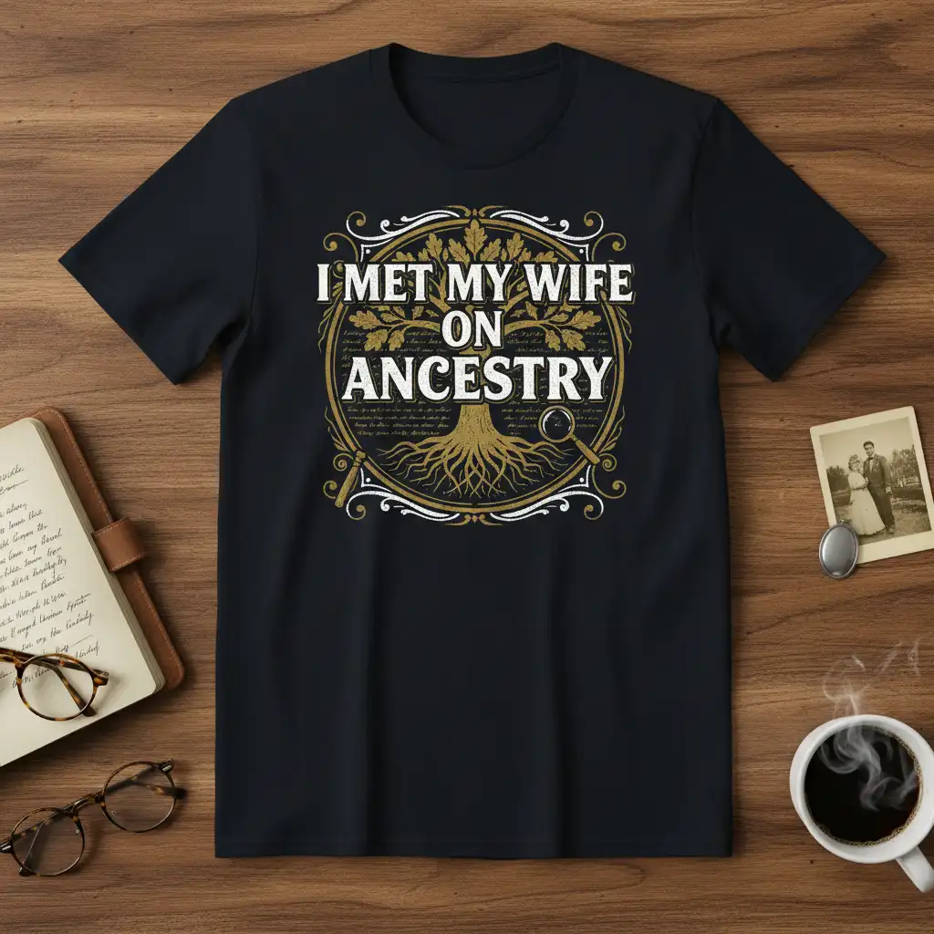 I Met My Wife On Ancestry text above a tree of life graphic with magnifying glass, representing genealogical discovery and relationships