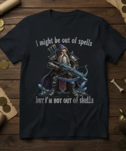Dwarf wizard with crossbow and text "i might be out of spells but i'm not out of shells" on a