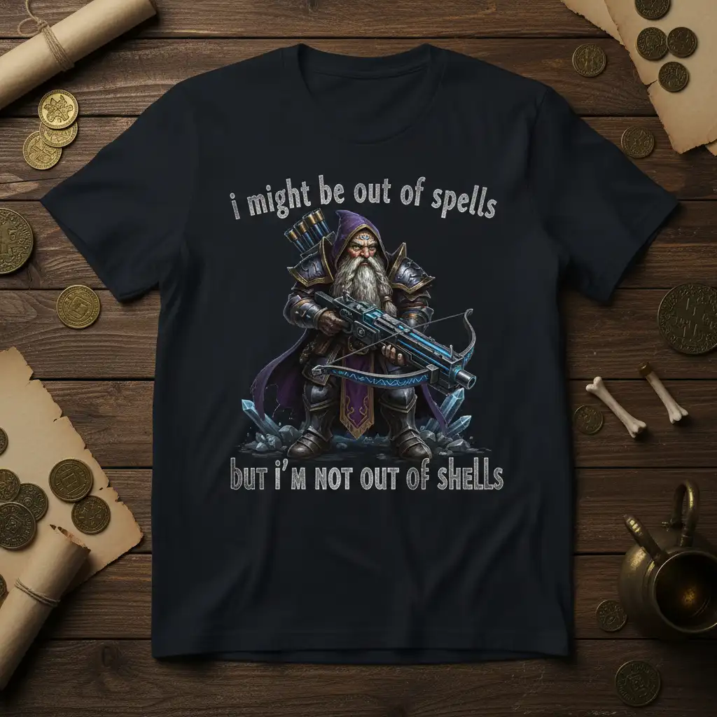 I might be out of spells but I'm not out of shells quote with dwarf wizard holding crossbow graphic