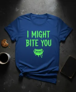 I Might Bite You funny Halloween quote t-shirt with dripping fangs graphic