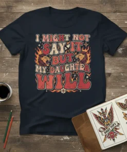 I Might Not Say It But My Daughter Will text with lion graphics and fire accents on a navy t-shirt