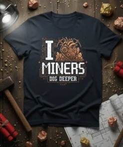 I MINERS DIG DEEPER t-shirt design with mechanical heart and crystal graphics