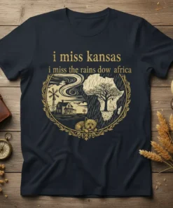 T-shirt with "i miss kansas i miss the rains dow africa" quote and circular design showing Kansas farm and African