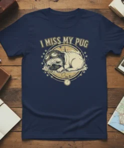 I Miss My Pug t-shirt with a sleeping pug wearing aviator goggles, surrounded by paw prints and a compass design
