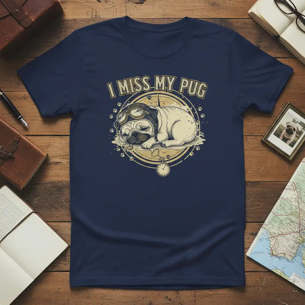 I Miss My Pug t-shirt featuring a sleeping pug in aviator goggles, compass, and paw print graphic