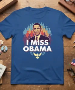 I Miss Obama text and portrait of Barack Obama with a dove and crowd graphic on a blue t-shirt