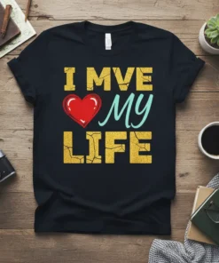 I MVE MY LIFE quote t-shirt with red heart graphic and distressed gold text