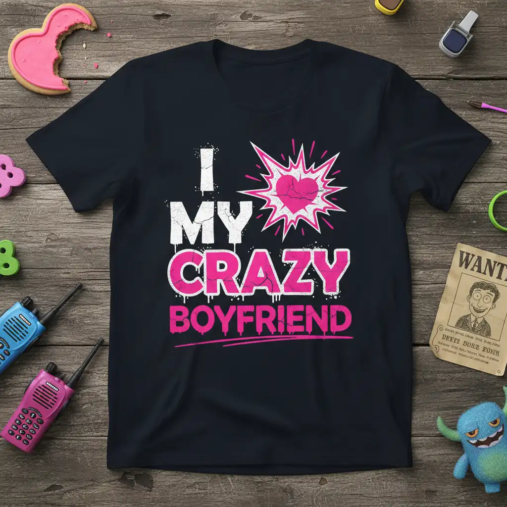 I MY CRAZY BOYFRIEND text design with pink heart burst graphic on black tee
