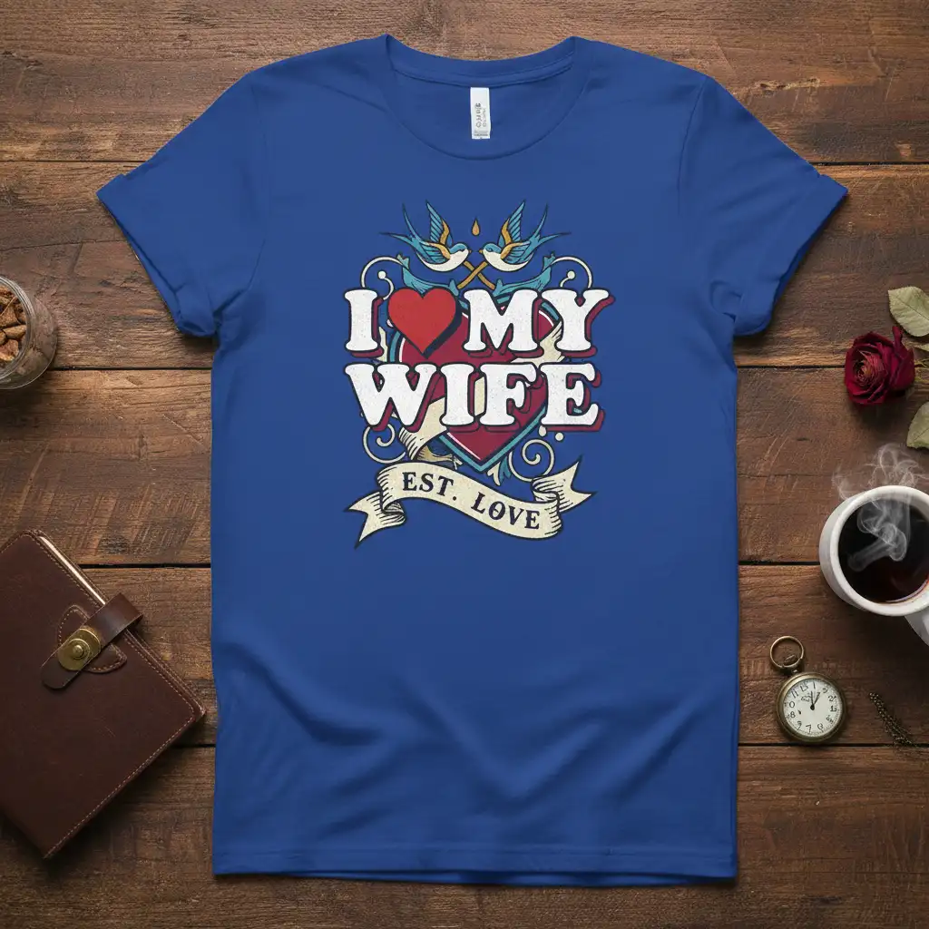 I My Wife Est. Love romantic tattoo design with heart and swallow graphics on blue t-shirt