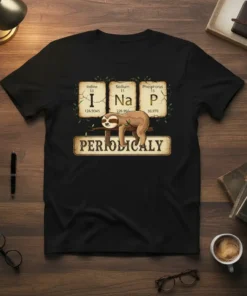I Na P PERIODICALLY t-shirt featuring a sloth hanging from a branch, with periodic table elements I, Na, and P