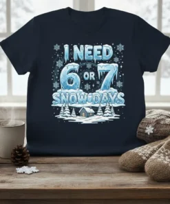 I Need 6 Or 7 Snow Days text with ice font and winter cabin graphic on navy t-shirt