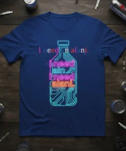 Blue t-shirt with "I need alani I need alani I need alani" text in neon pink and blue, featuring circuit