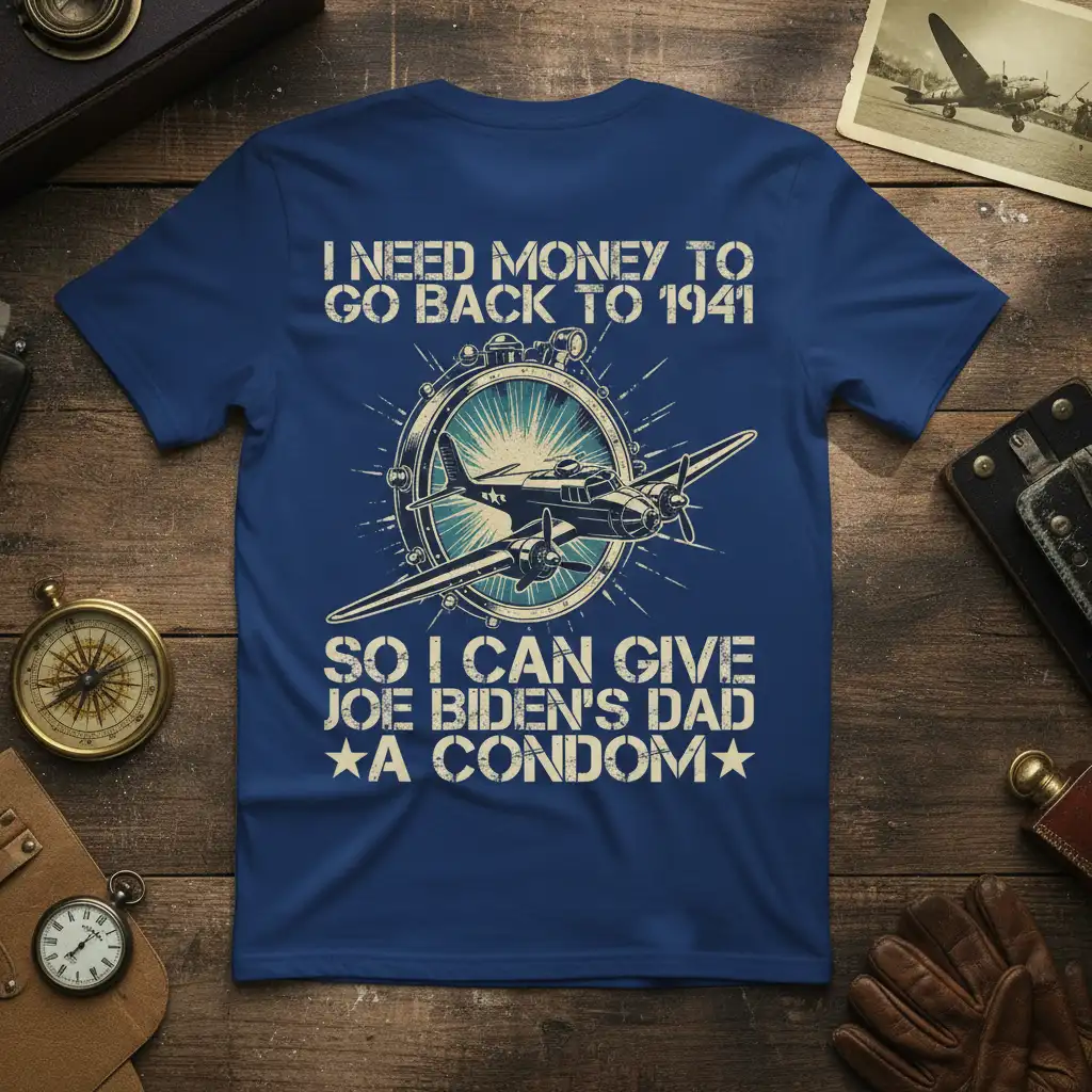 I Need Money To Go Back To 1941 political humor t-shirt with vintage bomber plane graphic