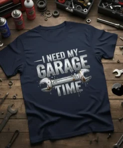 I Need My Garage Time quote with wrench graphic on a navy blue t-shirt for mechanics