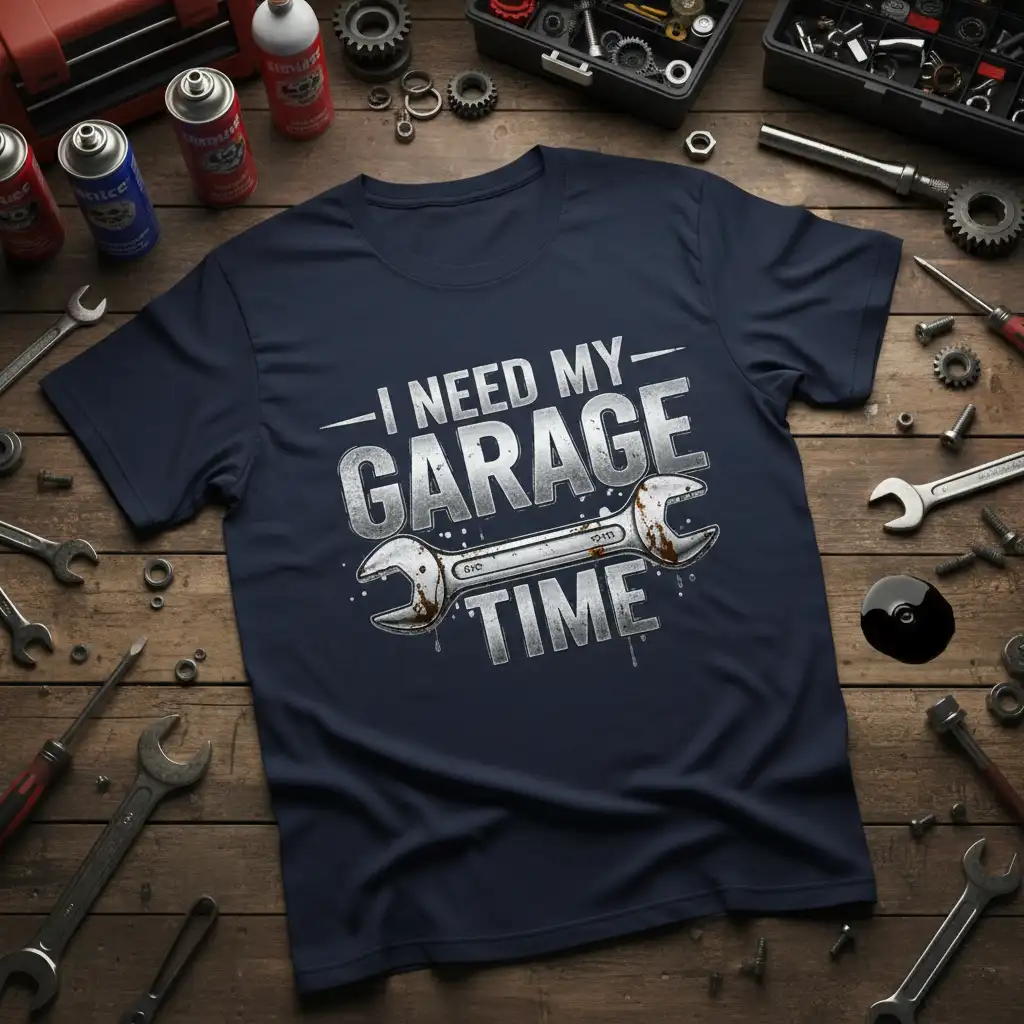 I Need My Garage Time quote with wrench graphic on navy t-shirt for car mechanics