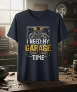 I Need My Garage Time t-shirt with engine graphic and tools, navy blue tee for car mechanics and auto enthusiasts