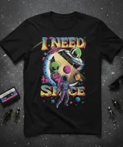 I Need Space t-shirt design with a green alien sitting on the moon next to an astronaut, with a UFO