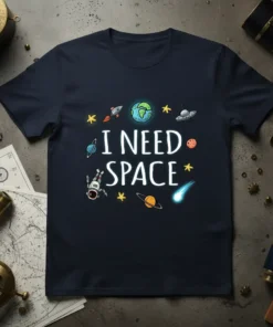 Navy blue t-shirt with "I NEED SPACE" in white text, surrounded by cartoon space graphics like planets, rockets, and astronauts