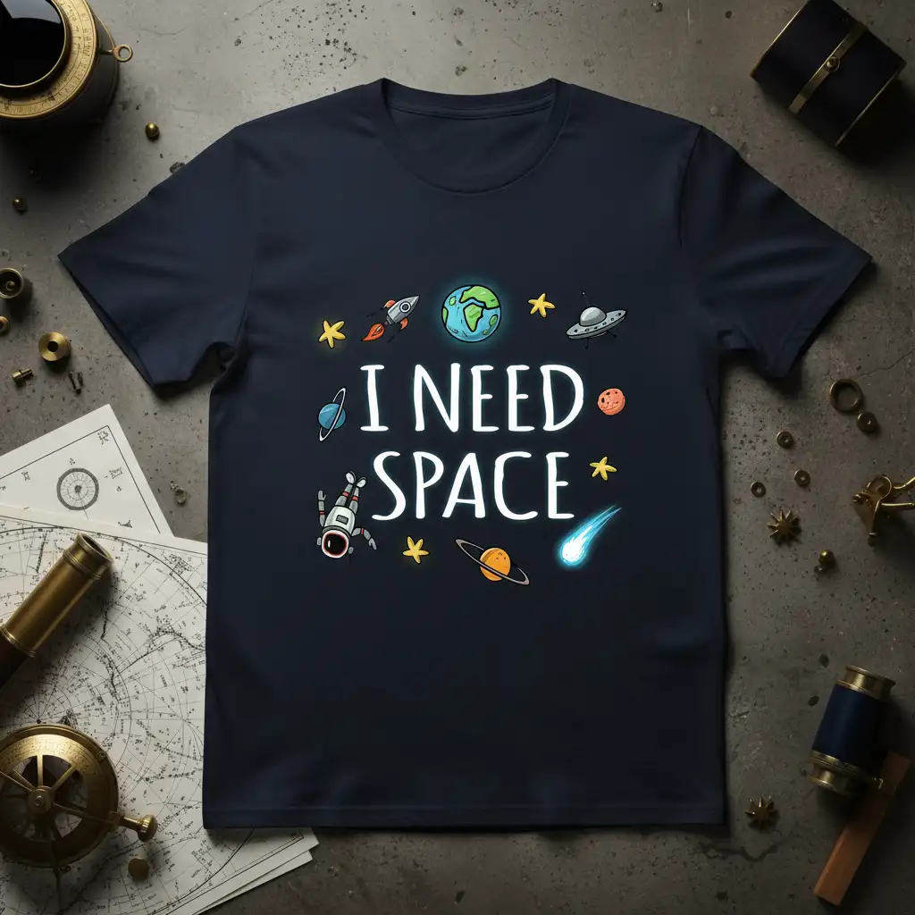 I NEED SPACE quote on navy t-shirt with astronaut, planets, and rocket graphics
