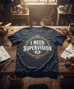 Dark navy t-shirt with the text "I NEED SUPERVISION" in distressed white font, surrounded by a decorative gold emblem and