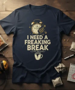 I Need A Freaking Break quote with alarm clock and coffee cup graphic on a navy blue t-shirt