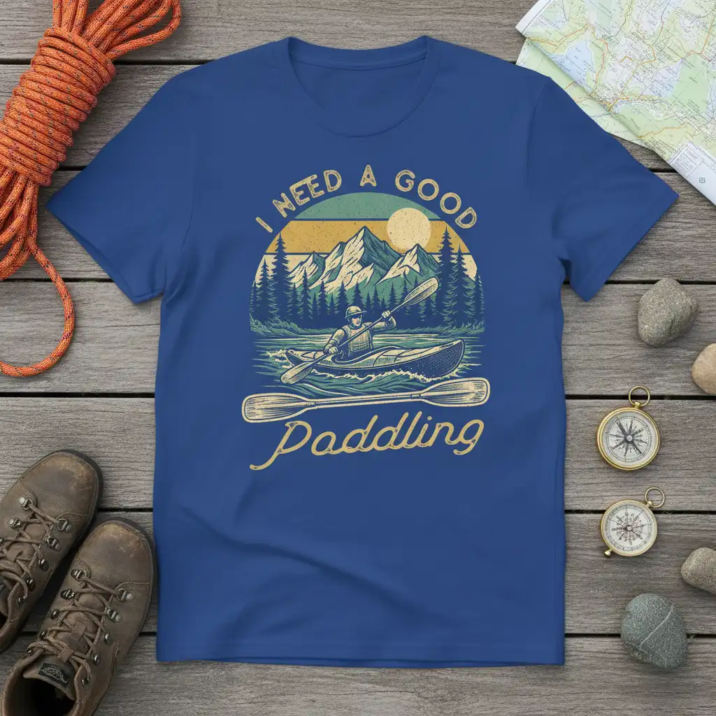 I Need A Good Paddling vintage kayak t-shirt design with mountain and river graphic