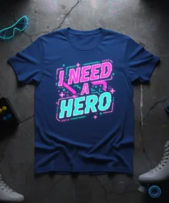 I Need A Hero text in neon pink and teal on a navy blue t-shirt, featuring retro gaming graphics and