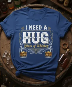 T-shirt with "I Need a Hug Glass of Whiskey" text and two glasses of whiskey graphic