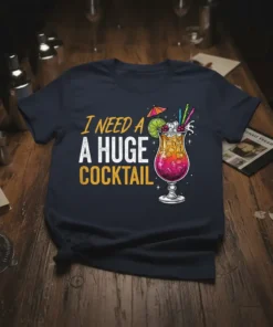I Need A Huge Cocktail text with a colorful hurricane cocktail graphic, on a navy t-shirt
