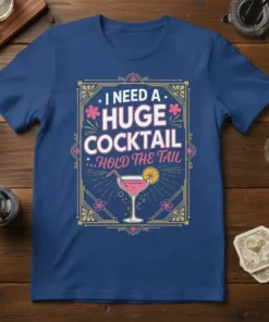 T-shirt with text "I NEED A HUGE COCKTAIL ...HOLD THE TAIL" and a graphic of a pink martini glass