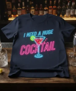 Navy t-shirt with neon "I Need A Huge Cocktail" design and martini glass graphic