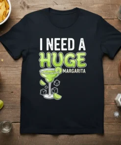 I Need A Huge Margarita text with a large margarita glass graphic on a black t-shirt