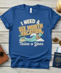T-shirt with the text "I NEED A SIX MONTH VACATION Twice a Year" featuring a rocket, ocean waves, and palm