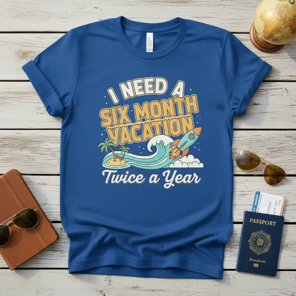 I NEED A SIX MONTH VACATION Twice a Year quote tee with rocket and island graphic