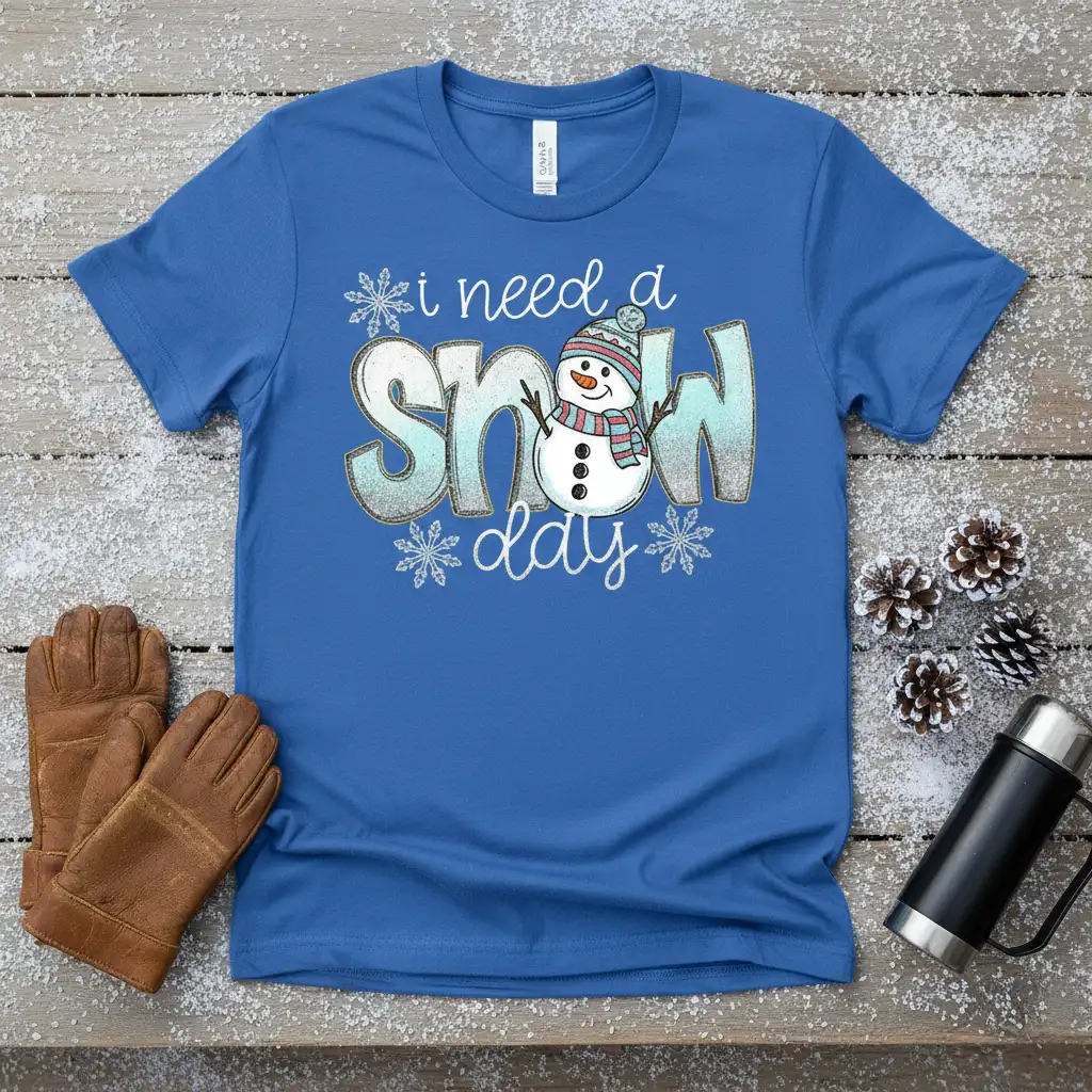 I Need A Snow Day quote with snowman graphic and glittery blue text on a blue t-shirt