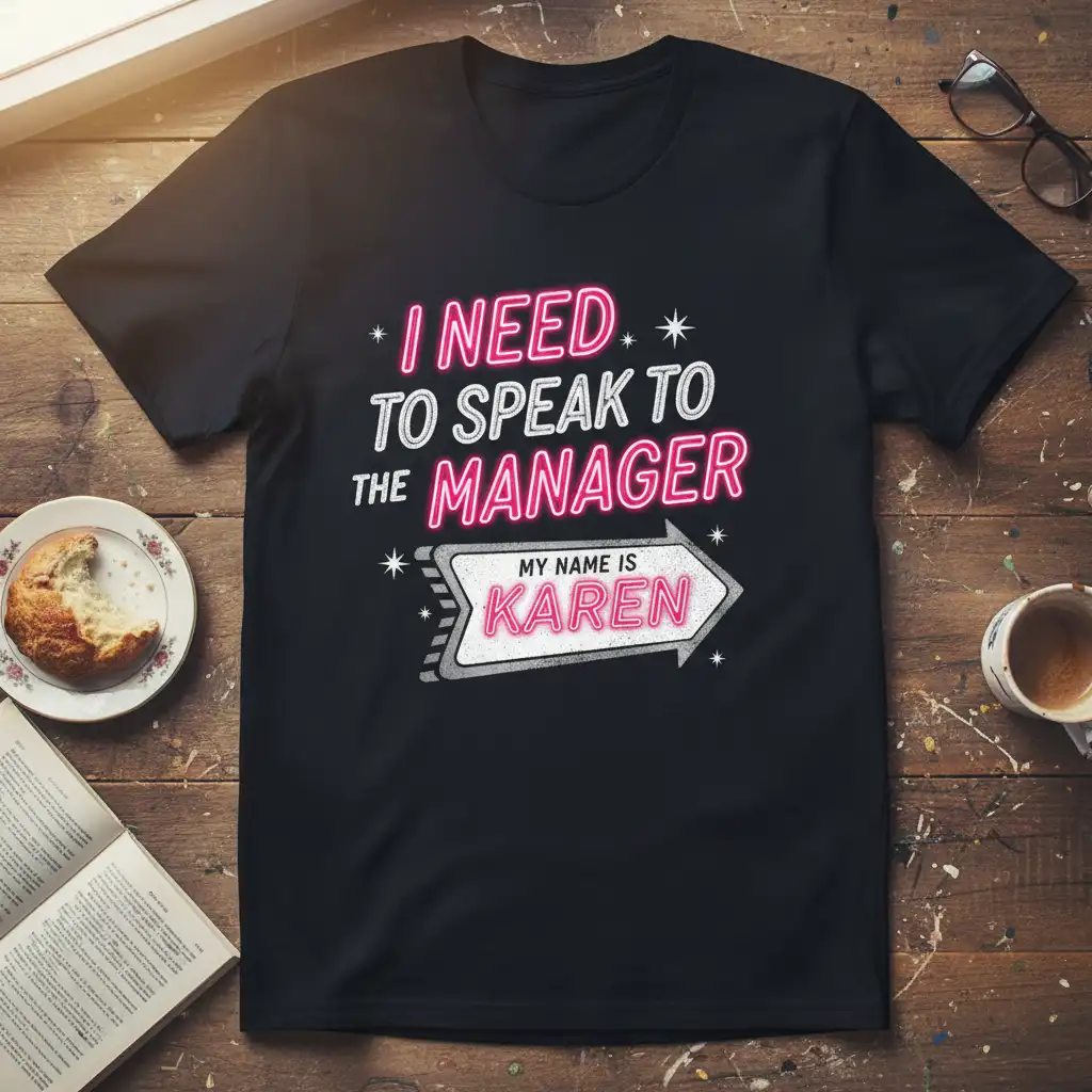 I Need To Speak To The Manager My Name Is Karen quote t-shirt with neon-style pink and white text and arrow graphic
