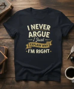 T-shirt with the quote "I NEVER ARGUE I Just EXPLAIN WHY I'M RIGHT" in vintage-style typography