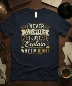 Navy t-shirt with yellow and white text "I Never Argue I Just Explain Why I'm Right" and science graphics