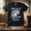 I Never Fall Off I Dismount With Style text with rodeo horse graphic on black t-shirt