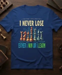 T-shirt with "I NEVER LOSE EITHER I WIN OR I LEARN" text and chess pieces graphic